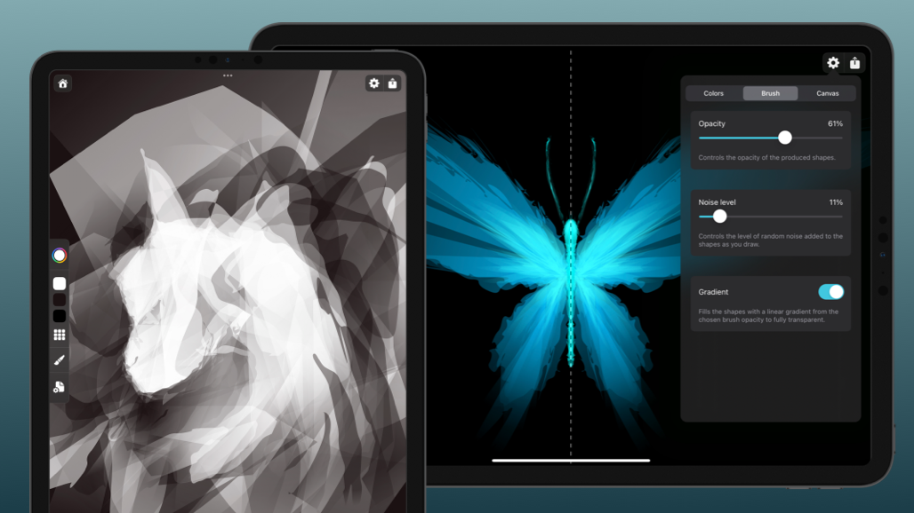 Screenshots in iPad frames with drawings made in Exsto