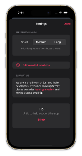 Screenshot of Strolly showing settings sheet.