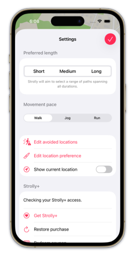 Strolly's movement pace setting with Walk, Jog, and Run options.