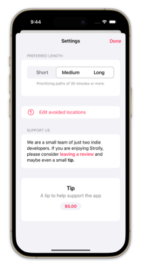 Screenshot of Strolly showing settings sheet.