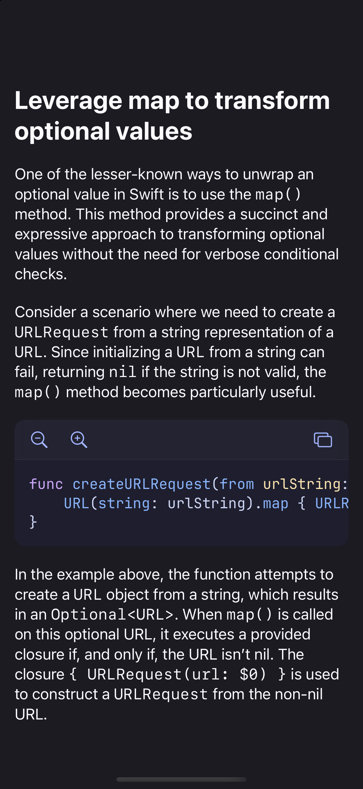 Whio on iPhone in a dark theme, showing a tip from Swift Gems with a highlighted Swift code example.