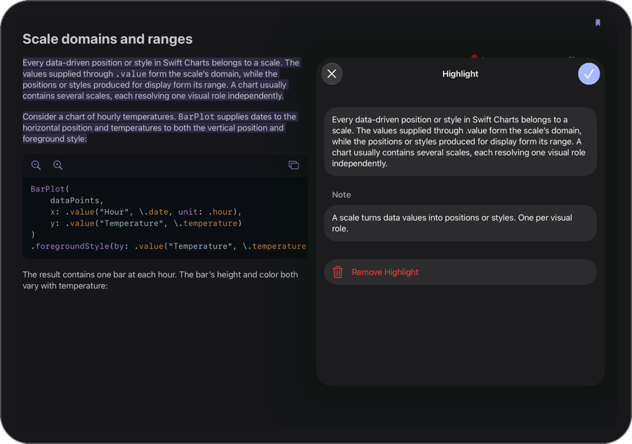 Whio on iPad in a dark theme, showing a highlighted passage in Swift Charts Beyond the Basics with its saved note.