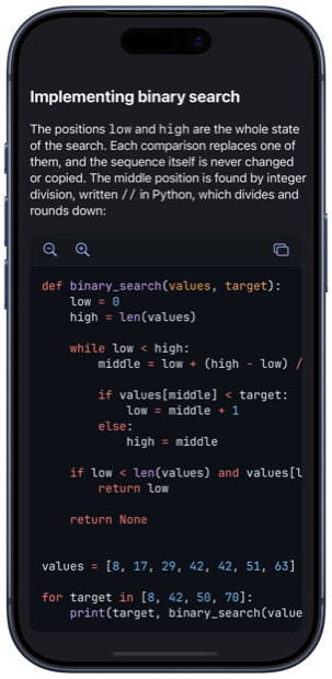 Whio on iPhone in a dark theme, showing a Python binary search function from Paths to a Solution.