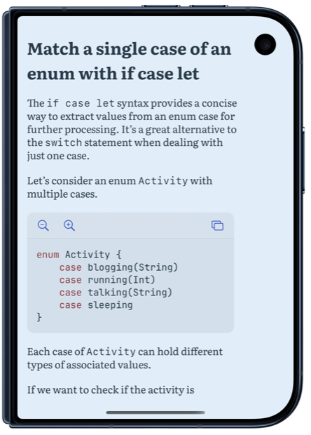 Whio on a closed iPhone Duo with a blue-grey tinted theme, showing a tip from Swift Gems with a code example.