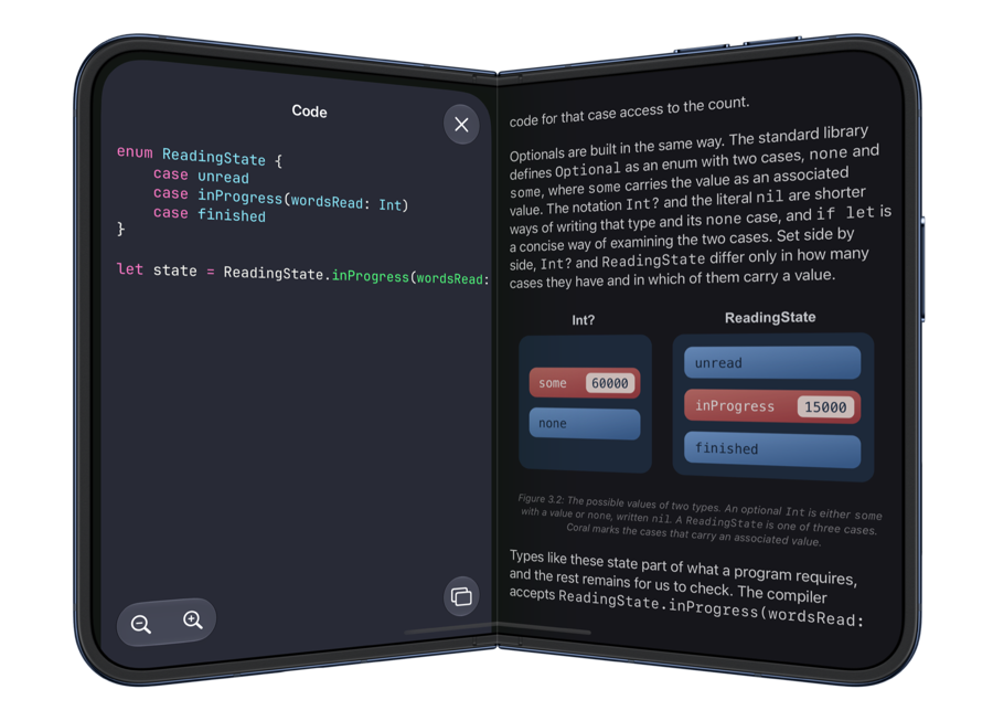 Whio on a partially folded iPhone Duo, with a code example from A Taste of Swift open in the code viewer beside an illustration.