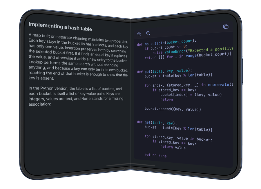Whio on a partially folded iPhone Duo in a dark theme, showing Paths to a Solution with text on one side and a Python hash table implementation on the other.