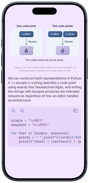 Whio on iPhone with a light purple tinted theme, showing an illustration and Python code from A World of Characters.