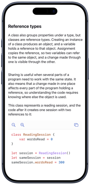 Whio on iPhone in a light theme, showing A Taste of Swift with highlighted Swift code.