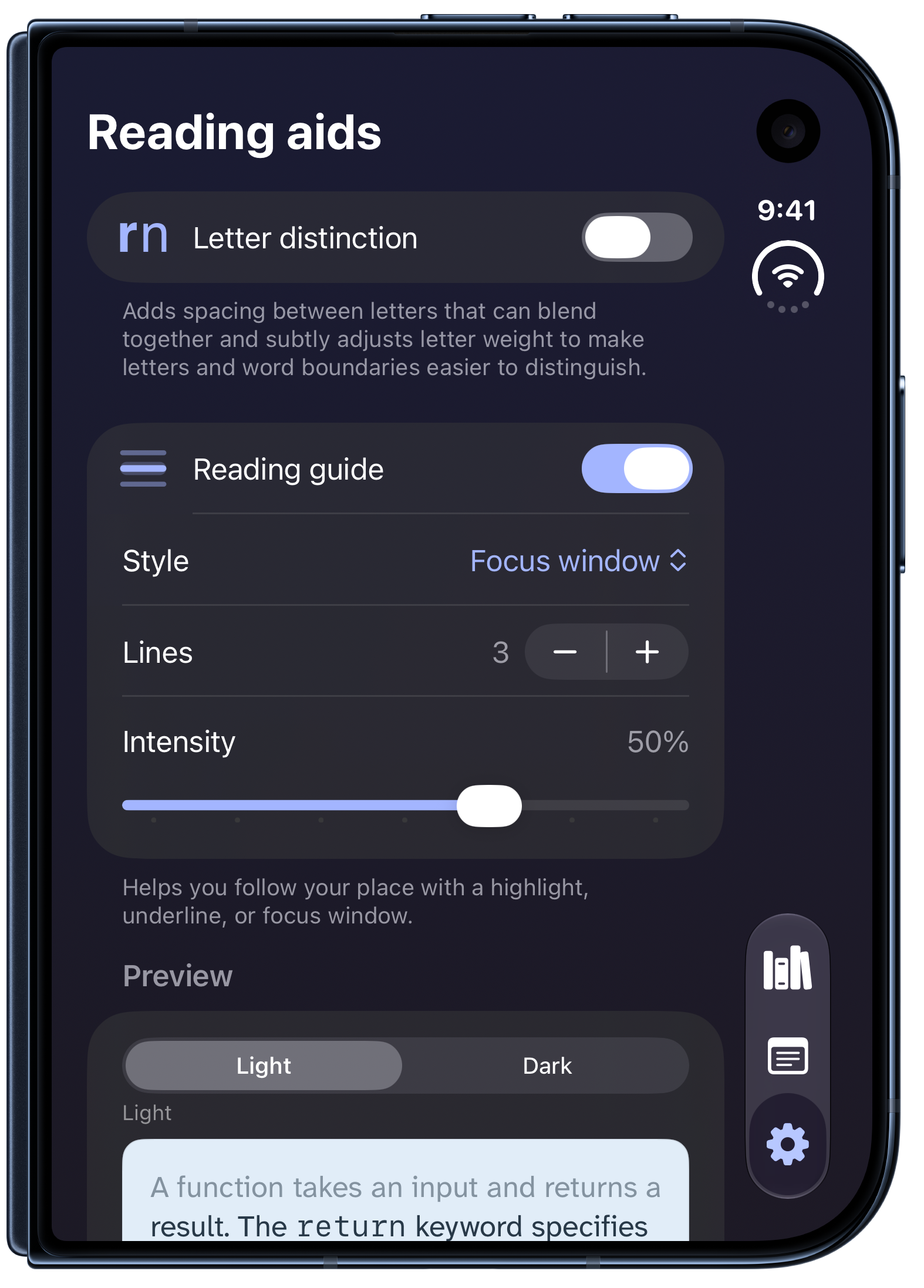Whio reading guide preferences on a closed iPhone Duo, showing the focus window style with three lines and 50 percent intensity.