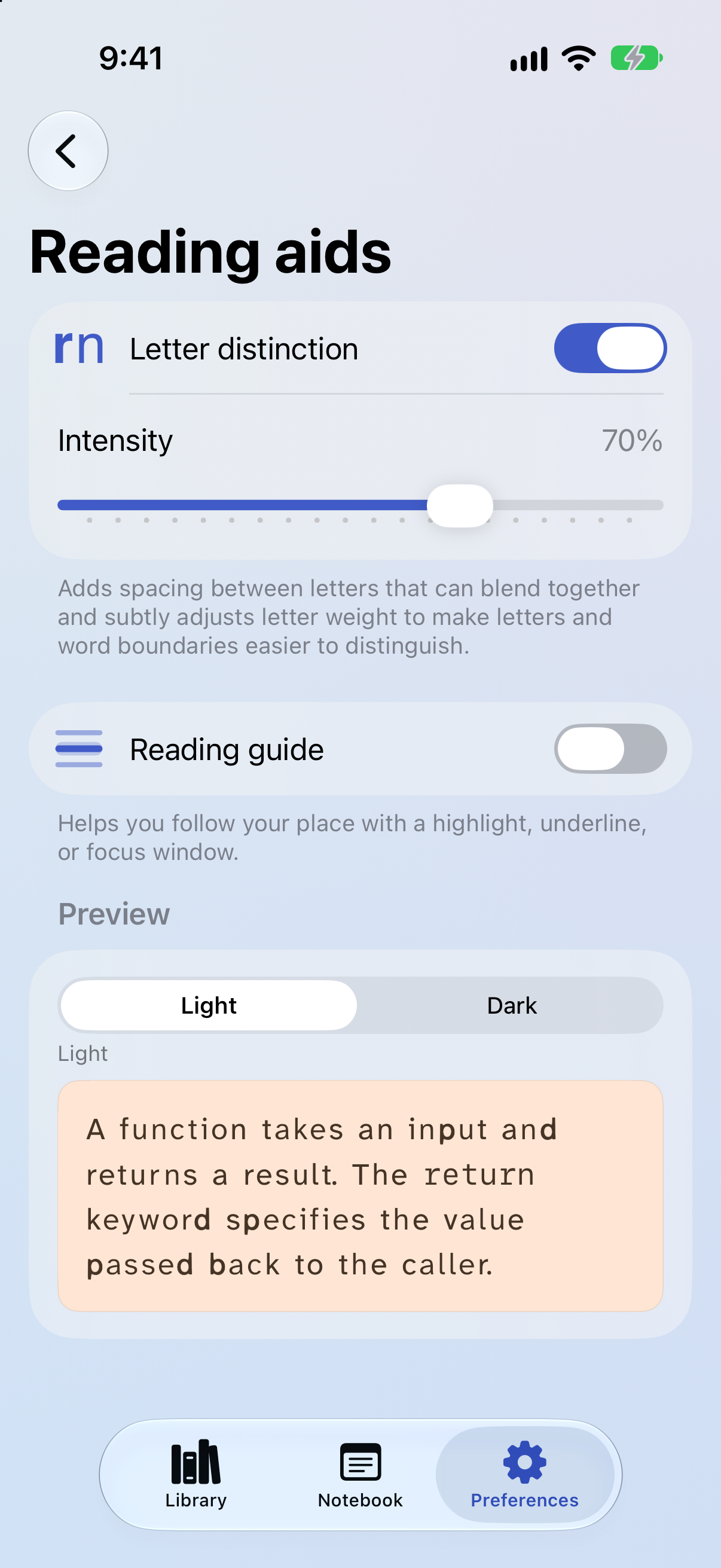 Whio reading aids preferences on iPhone, showing letter distinction turned on at 70 percent intensity with a preview of the adjusted letter spacing and emphasis.
