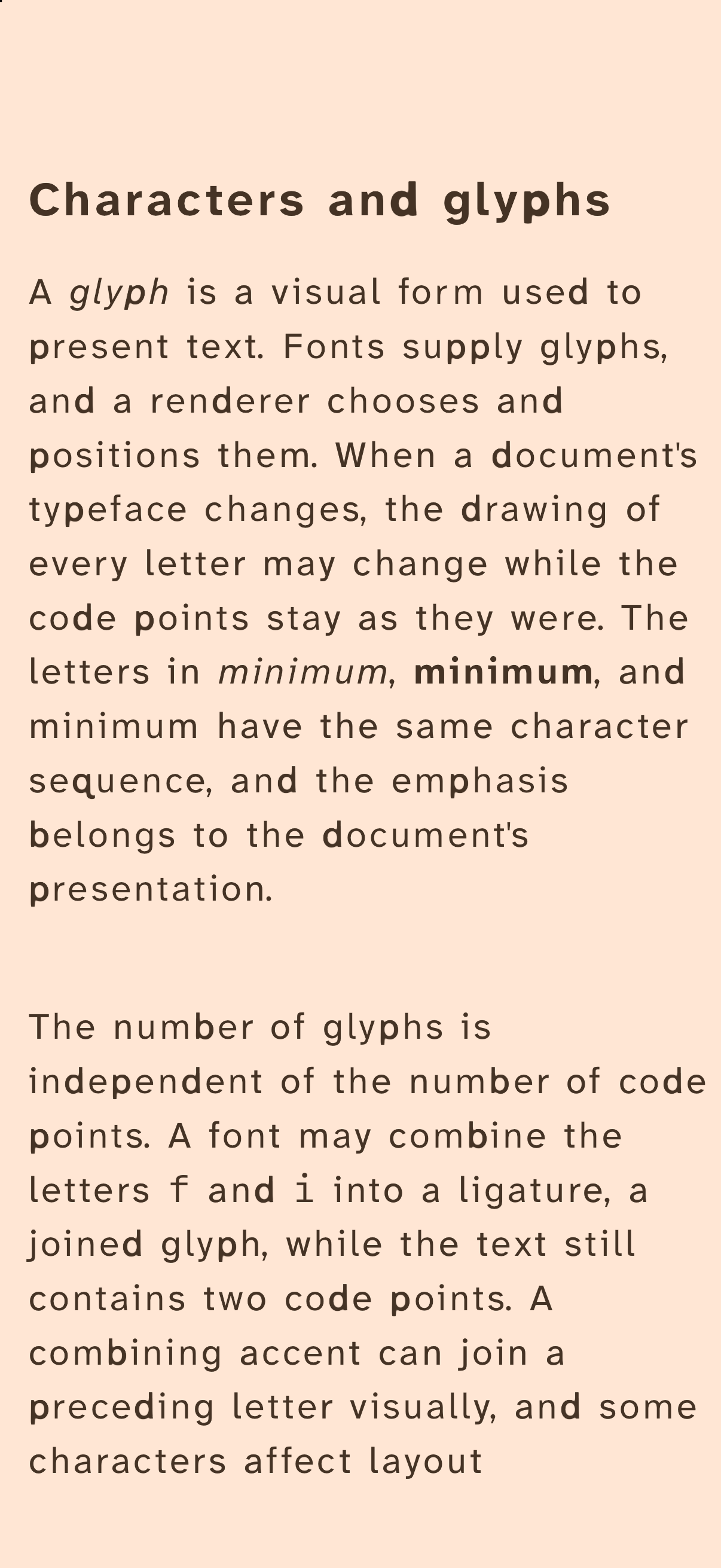Whio on iPhone with a peach tinted theme, larger text, and letter distinction applied to a page of A World of Characters.