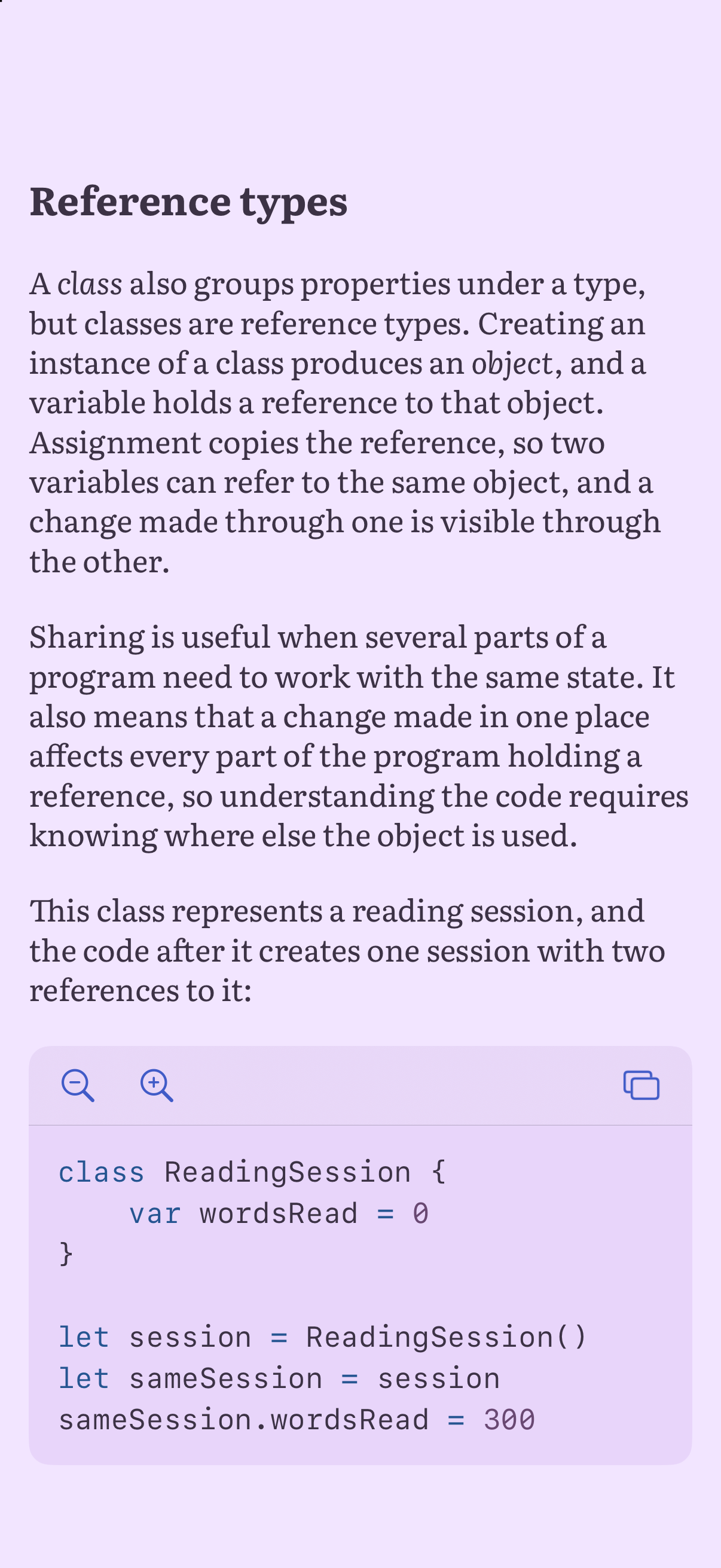 Whio on iPhone with a purple tinted theme for both text and code, showing A Taste of Swift.