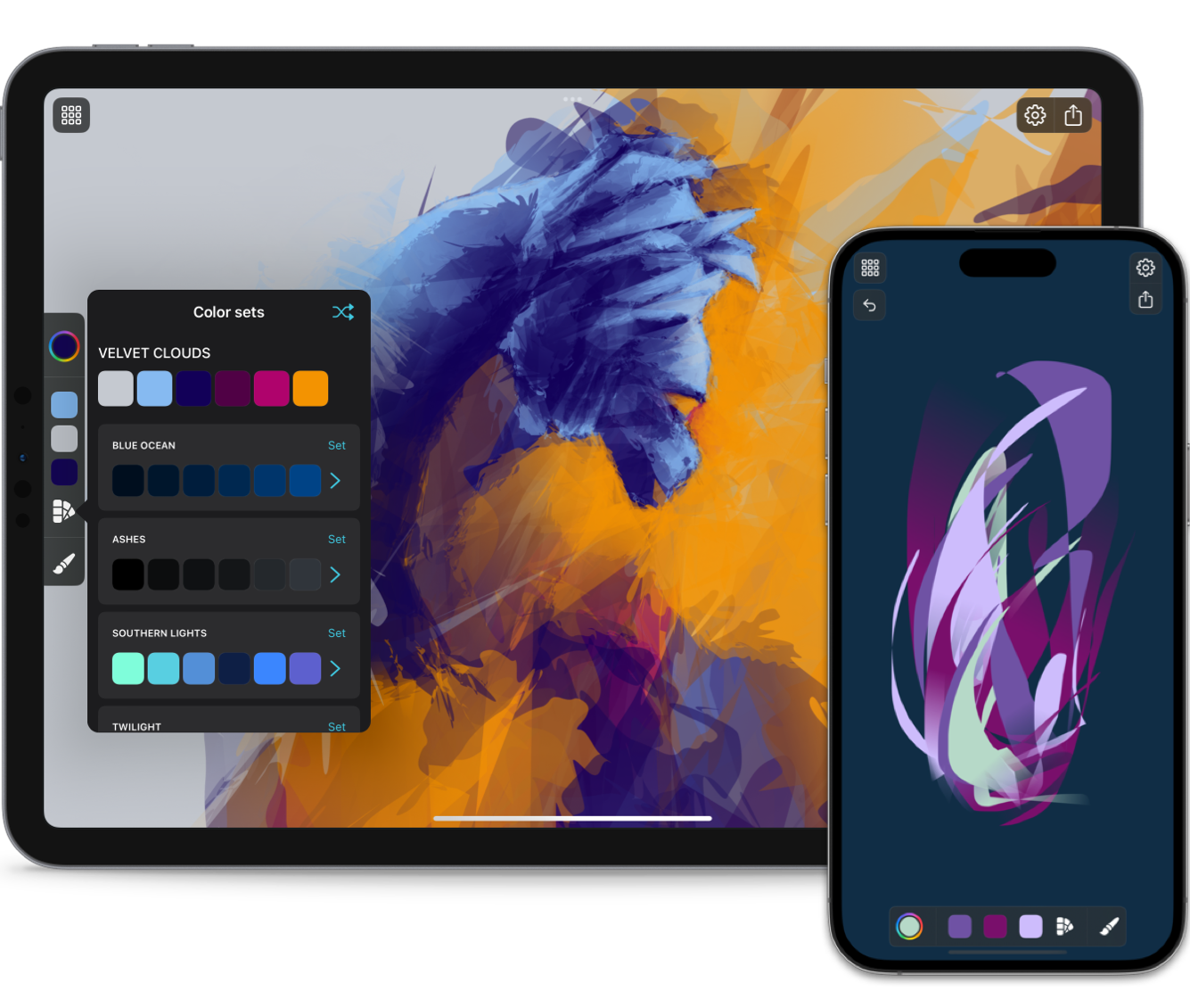 Screenshots in iPad and iPhone frames with drawings made in Exsto
