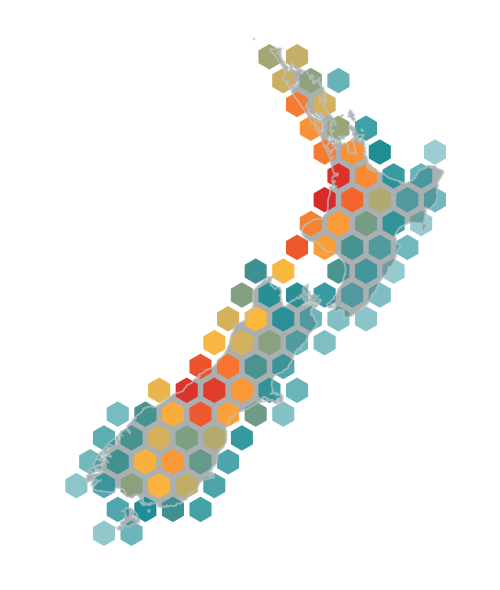 A hexagonal earthquake-frequency heat map of New Zealand