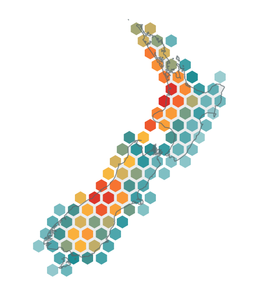 A hexagonal earthquake-frequency heat map of New Zealand