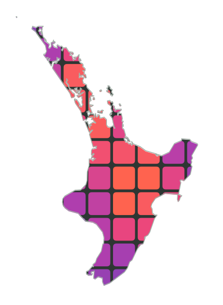 A rectangular power-draw heat map of New Zealand's North Island