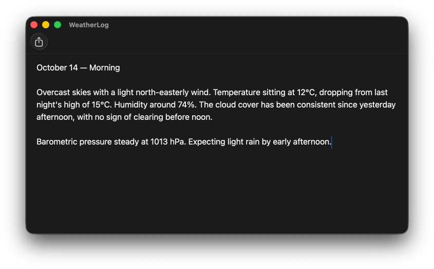 A macOS window showing the WeatherLog app with the expanded toolbar style, where the title sits on its own row above the share button