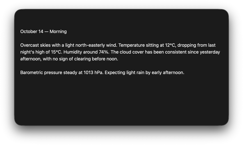 A macOS window showing the WeatherLog app without any toolbar