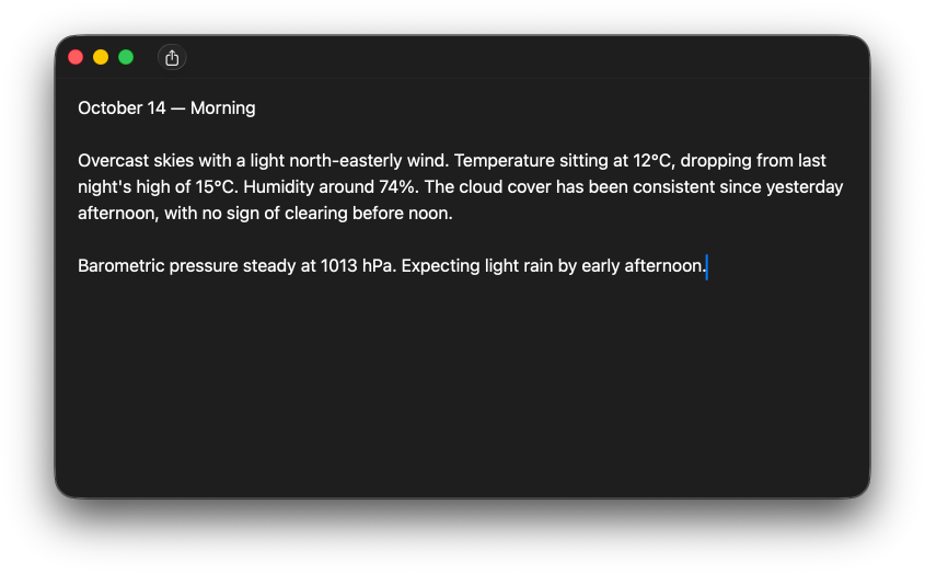 A macOS window showing the WeatherLog app with the unifiedCompact toolbar style without the window title