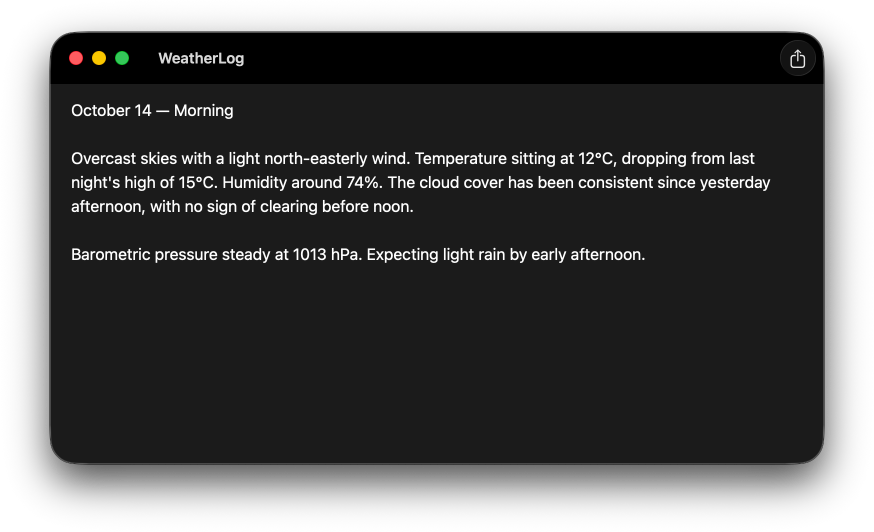 A macOS window showing the WeatherLog app with a black toolbar