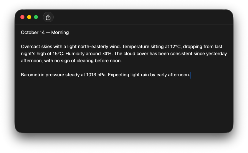 A macOS window showing the WeatherLog app with the default toolbar style without the window title