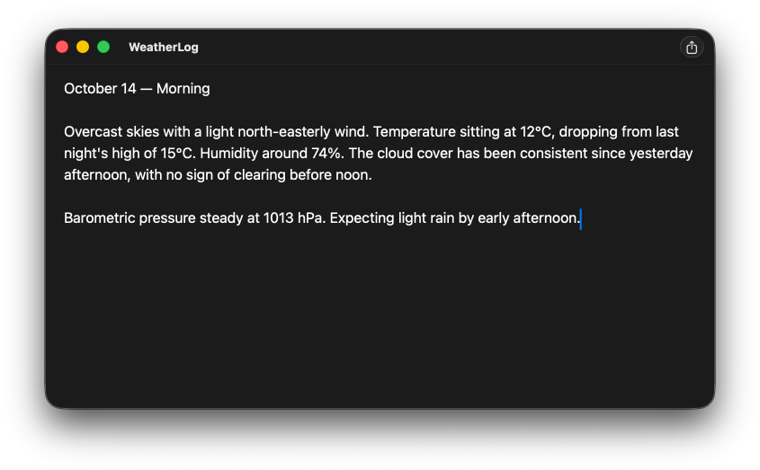 A macOS window showing the WeatherLog app with the unifiedCompact toolbar style, where the toolbar is visibly shorter than the default