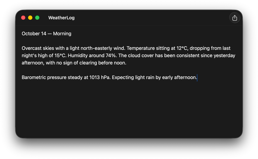 A macOS window showing the WeatherLog app with the default toolbar style, where the title and share button share a single horizontal bar