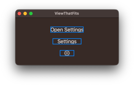Screenshot of a Mac app that has the settings button shown in 3 configurations: wide, medium and narrow