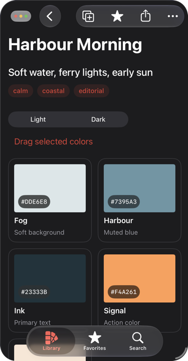 A compact Palette Studio window with Favorite and Share visible beside the overflow button