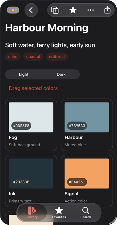 A compact Palette Studio window with Share pinned to the trailing edge of the toolbar