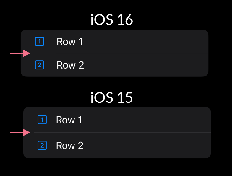 Screenshots of list row separators in iOS 16 and iOS 15 showing that in iOS 16 the insets are aligned to the leading text