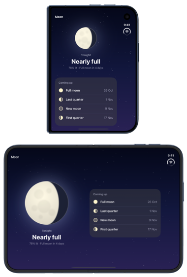 The same moon phase screen on both displays of iPhone Duo: tonight's moon above the list of upcoming phases on the outer display, and the two side by side on the open inner display