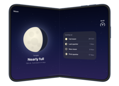The partially folded inner display of iPhone Duo with the moon and the list of upcoming phases on either side of the fold