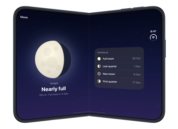 The partially folded inner display of iPhone Duo with the moon and the list of upcoming phases on either side of the fold