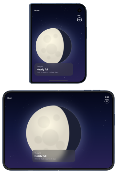 A card with tonight's details layered over a large moon on the outer display and on the open inner display of iPhone Duo