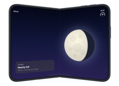 The partially folded inner display of iPhone Duo with the card on the leading side of the fold and the moon on the trailing side