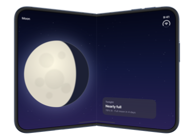 The partially folded inner display of iPhone Duo with the moon on the leading side of the fold and the card with tonight's details on the trailing side