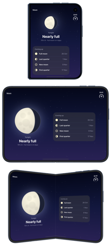 The same moon phase screen on iPhone Duo's outer display, open inner display and partially folded inner display, arranged differently in each