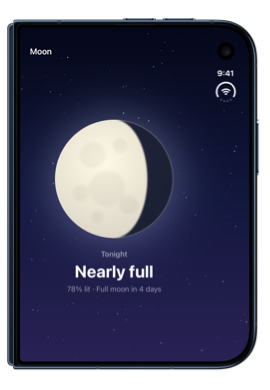 The outer display of iPhone Duo showing only tonight's moon, because the split is limited to the horizontal axis