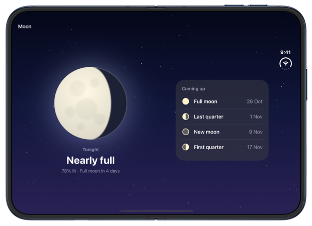 The open inner display of iPhone Duo with the list of upcoming phases taking 40 percent of the width and tonight's moon the rest