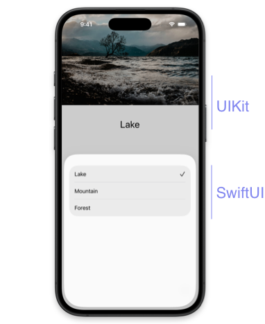 iPhone showing a UIKit app with an image of a lake and a SwiftUI settings view in a half-sheet indicating lake selection