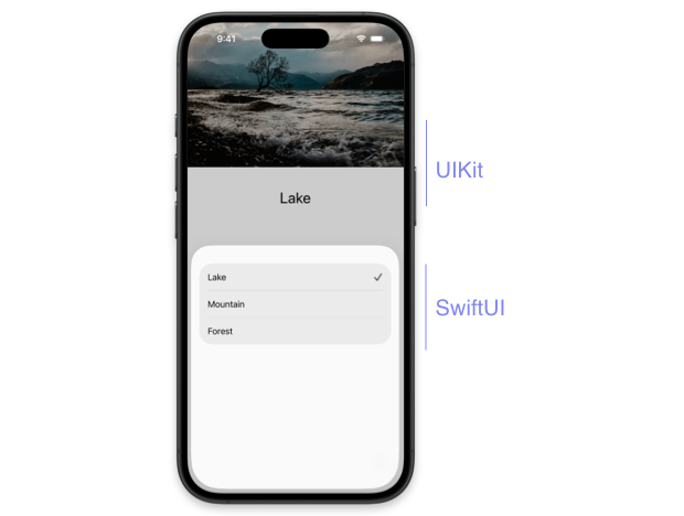 iPhone showing a UIKit app with an image of a lake and a SwiftUI settings view in a half-sheet indicating lake selection
