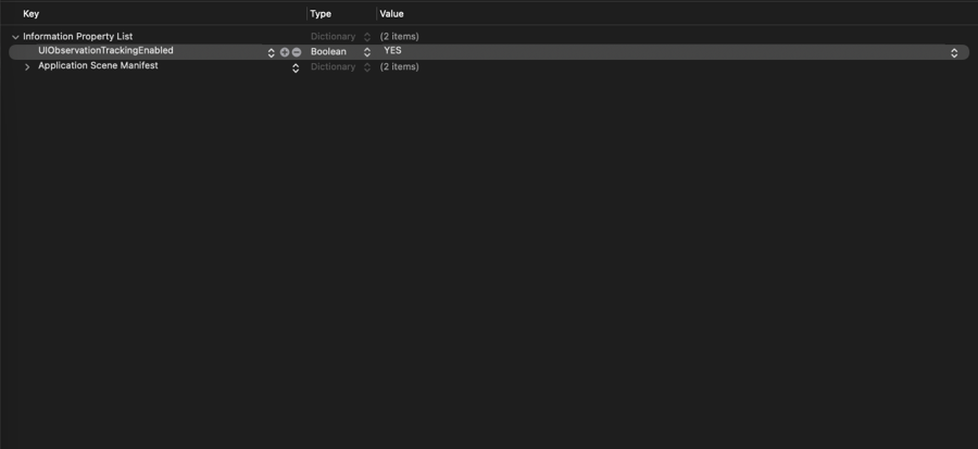 Info.plist file in Xcode that contains the UIObservationTrackingEnabled key set to YES
