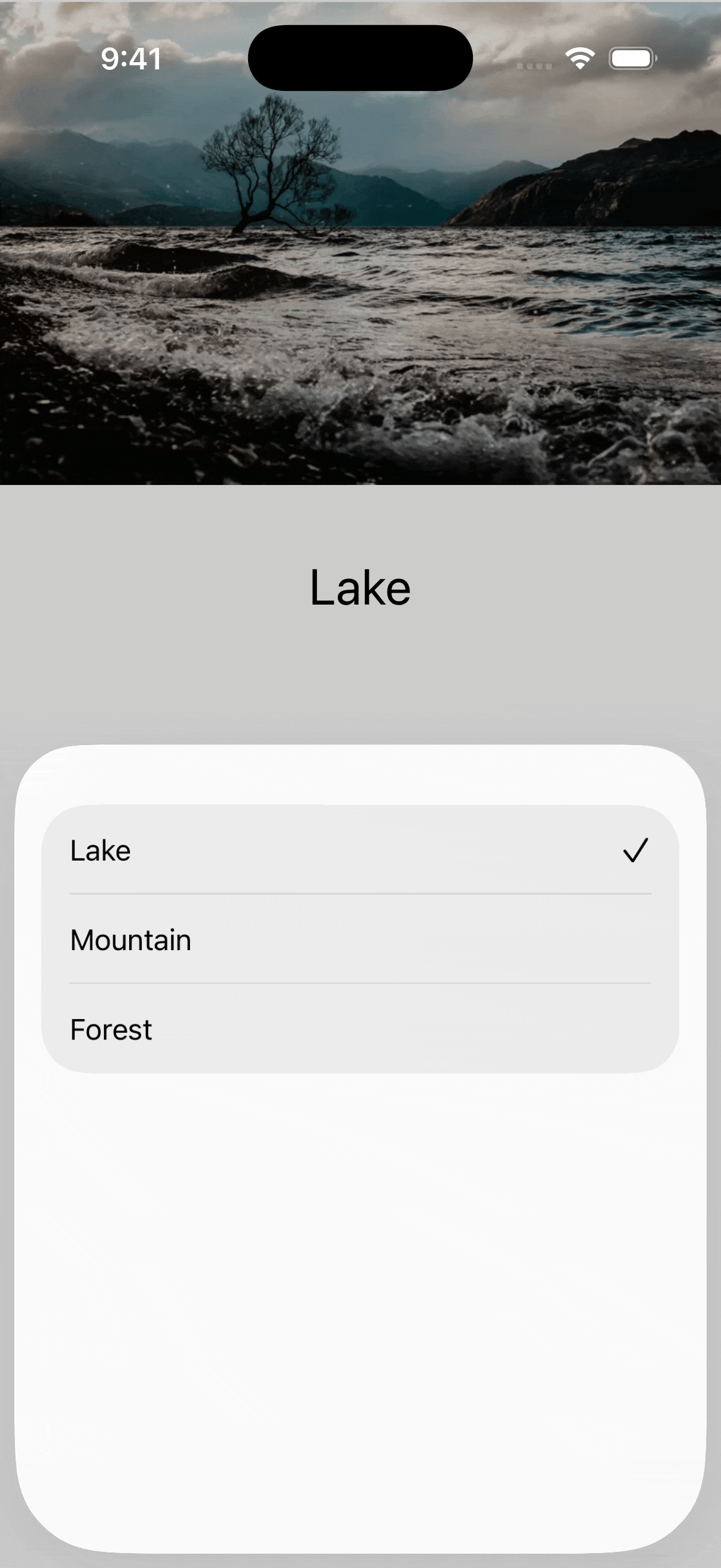 UIKit view switches from the image of a lake, to a mountain, and then a forest as the selection in the SwiftUI view changes