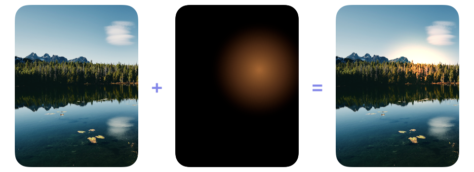 The same nature photograph and black-backed light effect used for screen followed by the more intense result produced using color dodge
