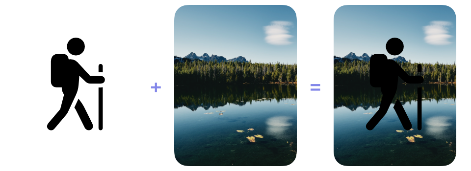 A black hiker and a nature photograph followed by the photograph placed behind the hiker using destination over