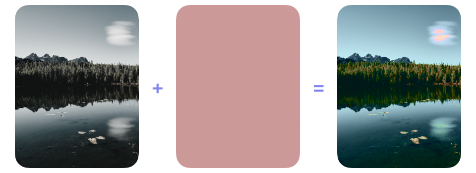 A faded nature photograph and a muted pink layer followed by the restored color intensity produced using saturation