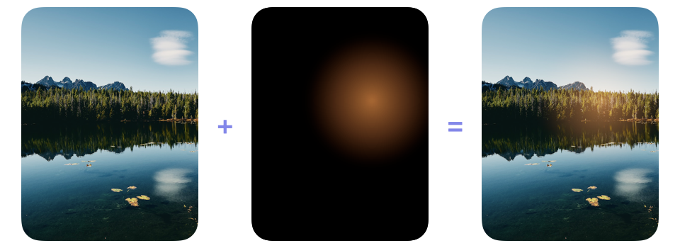 A nature photograph and a warm light effect on black followed by the photograph with the light applied using screen