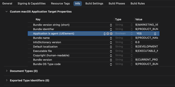 Xcode Info tab showing the Application is agent (UIElement) setting set to YES to hide the app from the Dock