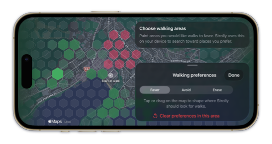 Strolly showing the walking preferences panel aligned to the trailing edge of the map in landscape